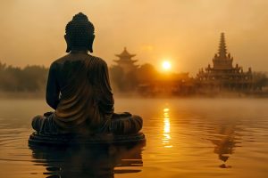 Buddha statue by the water overlooking a temple on the other shore.