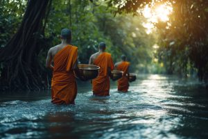 Buddhist monks in a river