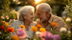 A happy senior couple in a meadow, showing that dating is possible for seniors.